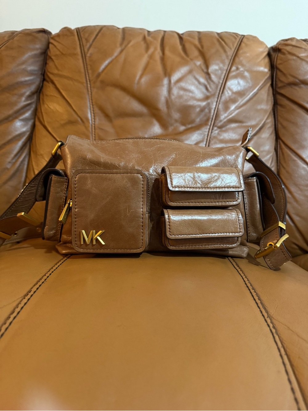 Michael Kors Tan Leather Multi-Pocket Belt Bag with Gold Hardware